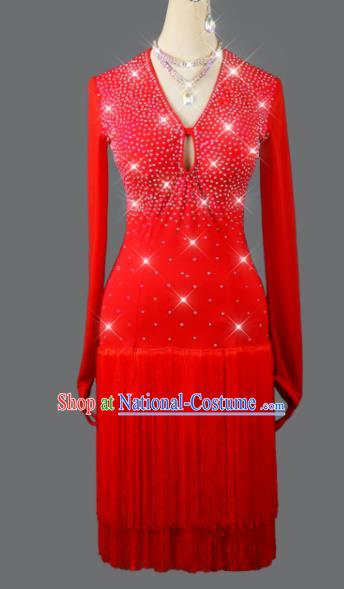 Professional Cha Cha Fashion Latin Dance Red Tassel Dress Modern Dance Costume Women Dancing Competition Clothing