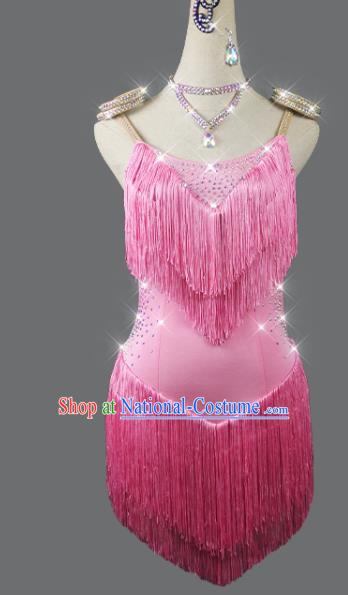 Professional Women Dancing Competition Clothing Cha Cha Sexy Fashion Latin Dance Pink Tassel Dress Modern Dance Costume