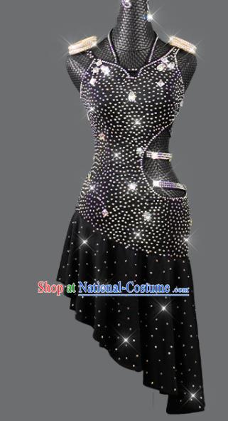 Professional Modern Dance Costume Women Dancing Competition Clothing Cha Cha Sexy Fashion Latin Dance Black Diamante Dress