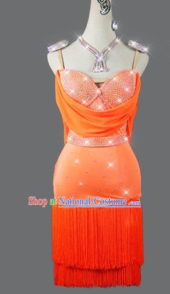 Professional Cha Cha Sexy Fashion Latin Dance Orange Tassel Dress Modern Dance Costume Women Dancing Competition Clothing