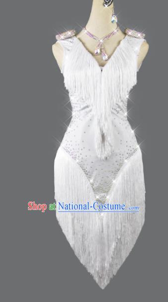 Professional Women Dancing Competition Clothing Cha Cha Sexy Fashion Latin Dance White Tassel Dress Modern Dance Costume