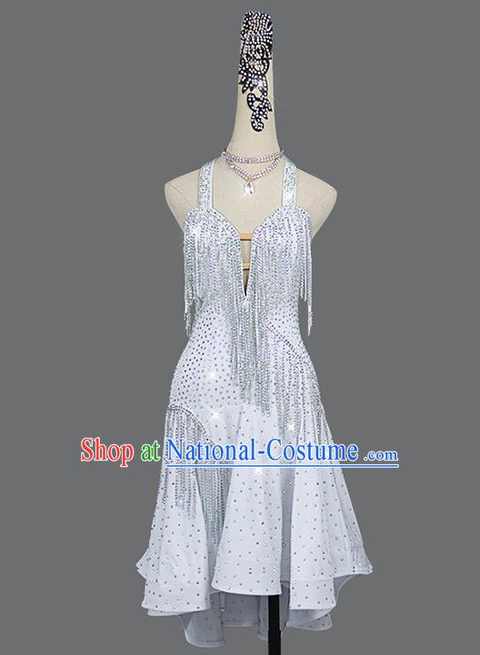 Professional Modern Dance Costume Women Dancing Competition Clothing Cha Cha Sexy Fashion Latin Dance White Diamante Dress