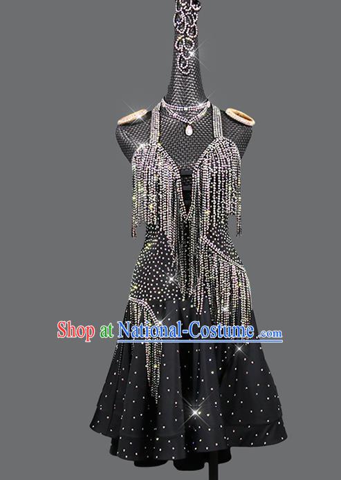 Professional Latin Dance Black Diamante Dress Modern Dance Costume Women Dancing Competition Clothing Cha Cha Sexy Fashion