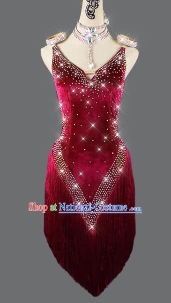 Professional Rumba Dance Costume Women Cha Cha Sexy Fashion Dancing Competition Clothing Latin Dance Wine Red Velvet Dress