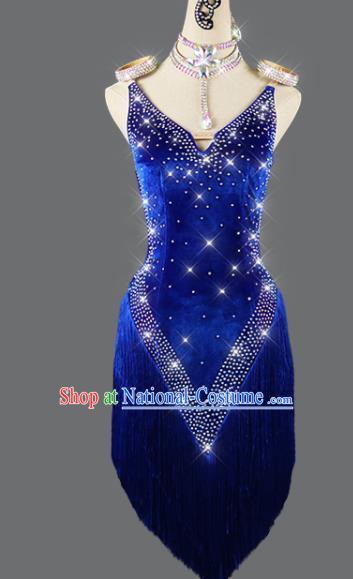 Professional Latin Dance Royalblue Velvet Dress Rumba Dance Costume Women Cha Cha Sexy Fashion Dancing Competition Clothing