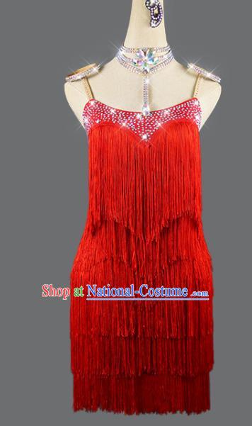 Professional Rumba Dance Costume Women Dancing Competition Fashion Latin Dance Clothing Cha Cha Sexy Red Tassel Dress