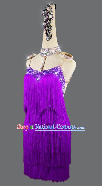 Professional Women Dancing Competition Fashion Latin Dance Clothing Cha Cha Sexy Purple Tassel Dress Rumba Dance Costume