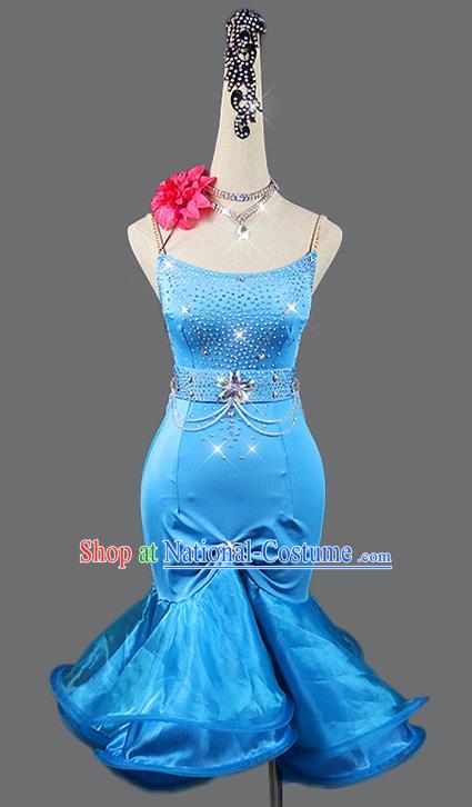 Professional Latin Dance Blue Dress Women Rumba Dance Competition Costume Cha Cha Dancing Fashion Clothing