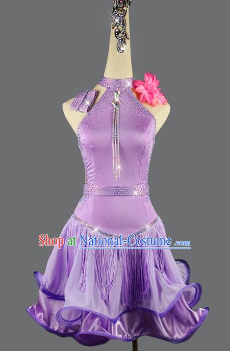 Professional Women Rumba Dance Competition Costume Cha Cha Dancing Fashion Clothing Latin Dance Purple Dress