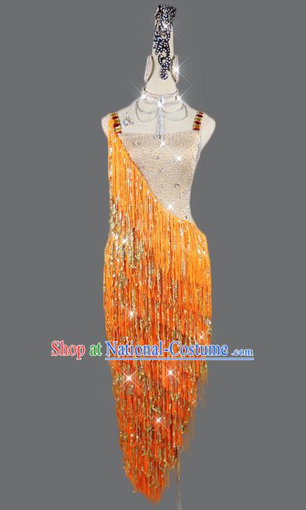 Professional Dancing Garment Latin Dance Competition Orange Tassel Dress Women Rumba Dance Costume Cha Cha Clothing