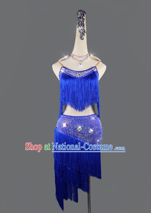 Professional Women Rumba Dance Costume Cha Cha Clothing Dancing Garments Latin Dance Competition Royalblue Tassel Uniforms