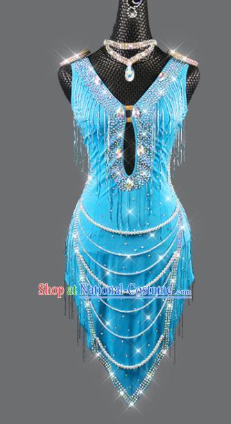 Professional Women Dancing Competition Fashion Latin Dance Clothing Rumba Dance Sexy Blue Dress Cha Cha Costume