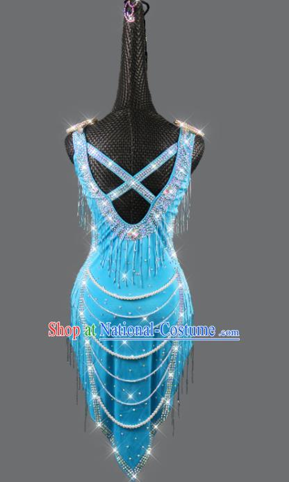 Professional Women Dancing Competition Fashion Latin Dance Clothing Rumba Dance Sexy Blue Dress Cha Cha Costume