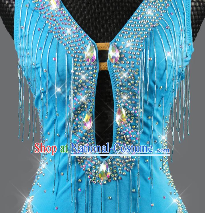 Professional Women Dancing Competition Fashion Latin Dance Clothing Rumba Dance Sexy Blue Dress Cha Cha Costume