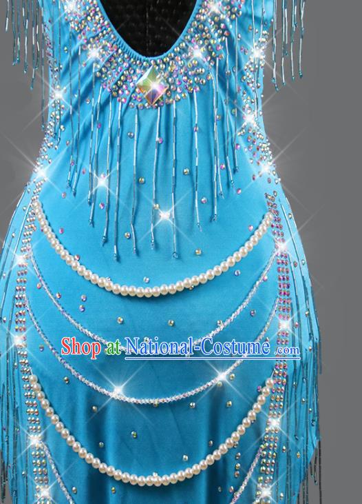 Professional Women Dancing Competition Fashion Latin Dance Clothing Rumba Dance Sexy Blue Dress Cha Cha Costume