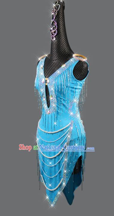 Professional Women Dancing Competition Fashion Latin Dance Clothing Rumba Dance Sexy Blue Dress Cha Cha Costume