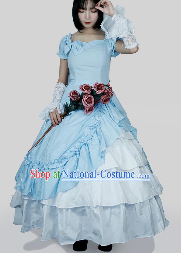 Top Halloween Cosplay Garment Costume Opera Performance Full Dress European Court Princess Clothing Gothic Woman Blue Dress