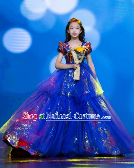 High Kid Birthday Full Dress Children Catwalks Blue Trailing Dress Girl Stage Show Clothing Compere Garment Costume