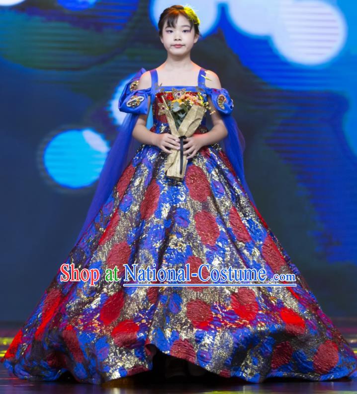 High Compere Garment Costume Kid Baroque Full Dress Children Catwalks Blue Trailing Dress Girl Stage Show Clothing