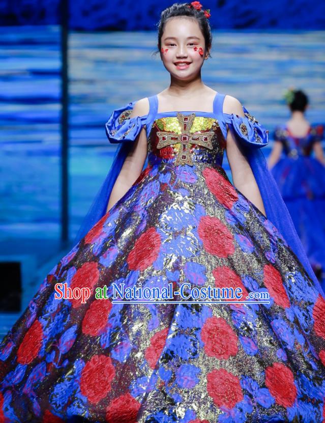 High Compere Garment Costume Kid Baroque Full Dress Children Catwalks Blue Trailing Dress Girl Stage Show Clothing