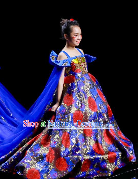 High Compere Garment Costume Kid Baroque Full Dress Children Catwalks Blue Trailing Dress Girl Stage Show Clothing