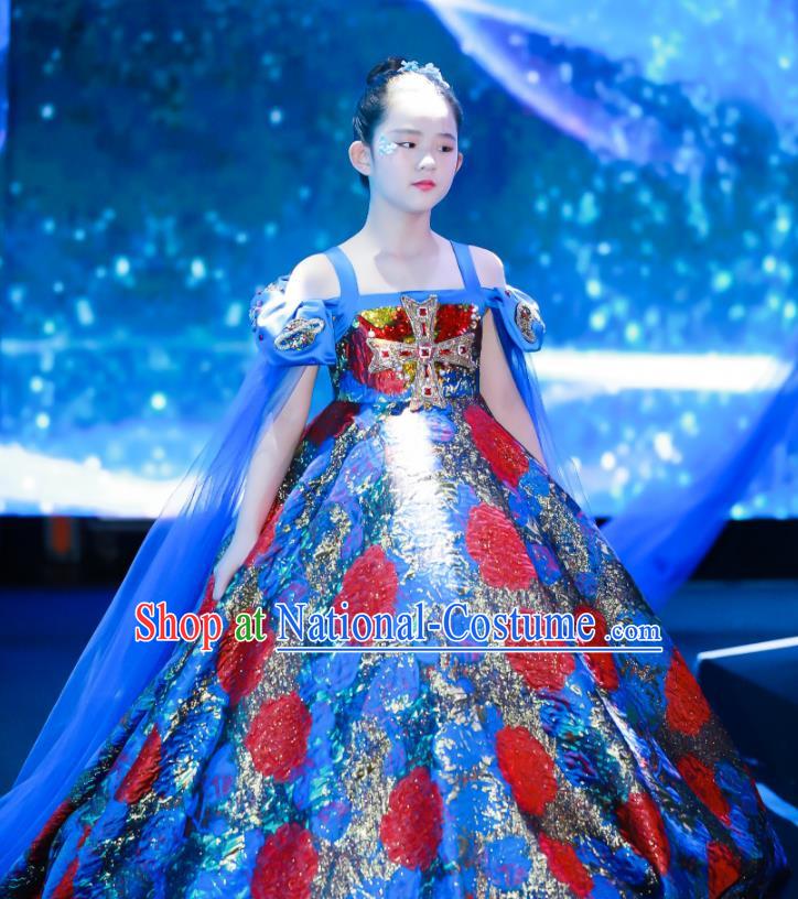 High Compere Garment Costume Kid Baroque Full Dress Children Catwalks Blue Trailing Dress Girl Stage Show Clothing