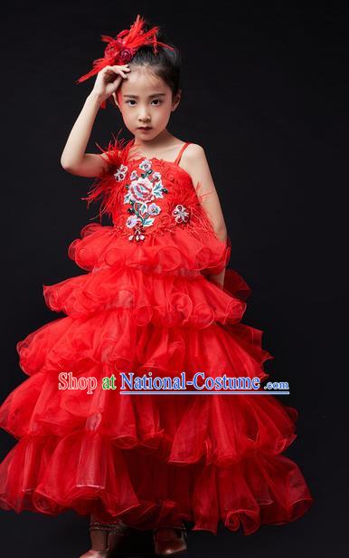 High Quality Children Compere Red Veil Dress Piano Performance Clothing Stage Show Full Dress Girl Catwalks Fashion