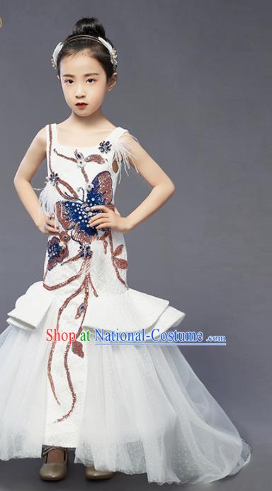 High Quality Girl Catwalks Fashion Children Compere Fishtail Dress Piano Performance Clothing Stage Show Embroidered Butterfly Full Dress