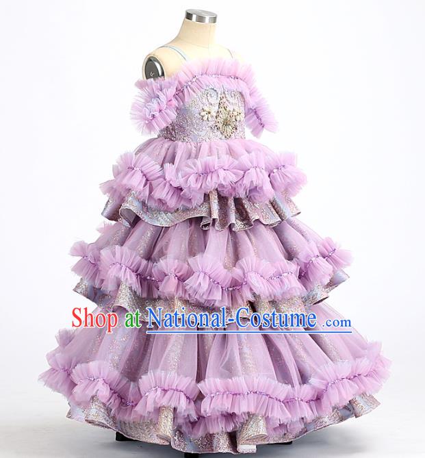 High Quality Stage Show Purple Full Dress Girl Catwalks Fashion Children Layered Dress Piano Performance Clothing