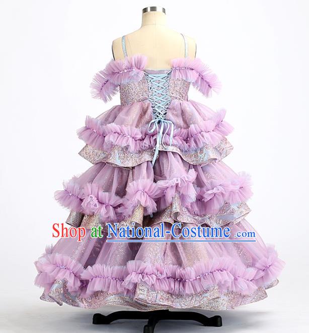 High Quality Stage Show Purple Full Dress Girl Catwalks Fashion Children Layered Dress Piano Performance Clothing