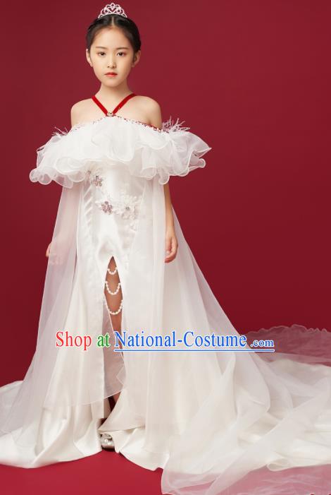 High Quality Piano Performance Clothing Stage Show Full Dress Girl Catwalks Fashion Children White Trailing Dress