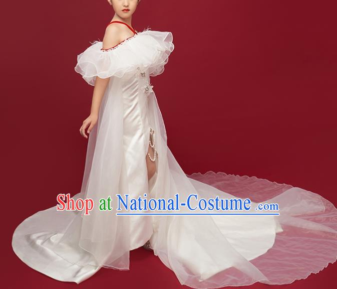 High Quality Piano Performance Clothing Stage Show Full Dress Girl Catwalks Fashion Children White Trailing Dress