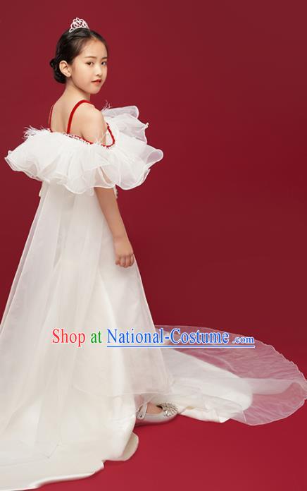 High Quality Piano Performance Clothing Stage Show Full Dress Girl Catwalks Fashion Children White Trailing Dress