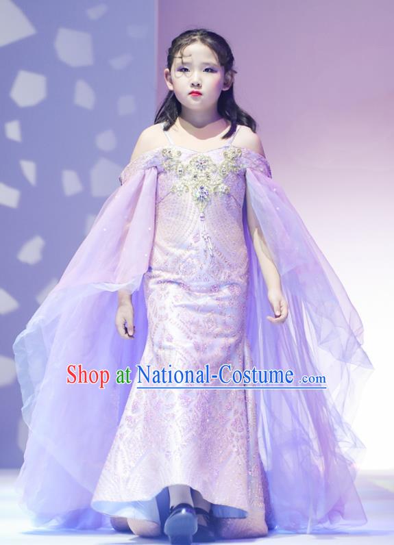 High Quality Children Purple Trailing Dress Piano Performance Clothing Stage Show Full Dress Girl Catwalks Fashion