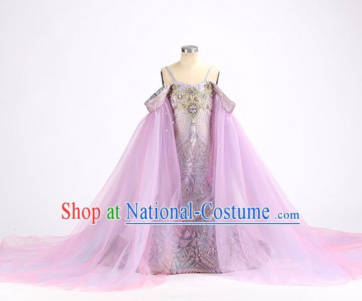 High Quality Children Purple Trailing Dress Piano Performance Clothing Stage Show Full Dress Girl Catwalks Fashion