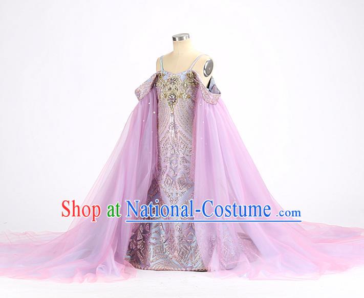 High Quality Children Purple Trailing Dress Piano Performance Clothing Stage Show Full Dress Girl Catwalks Fashion