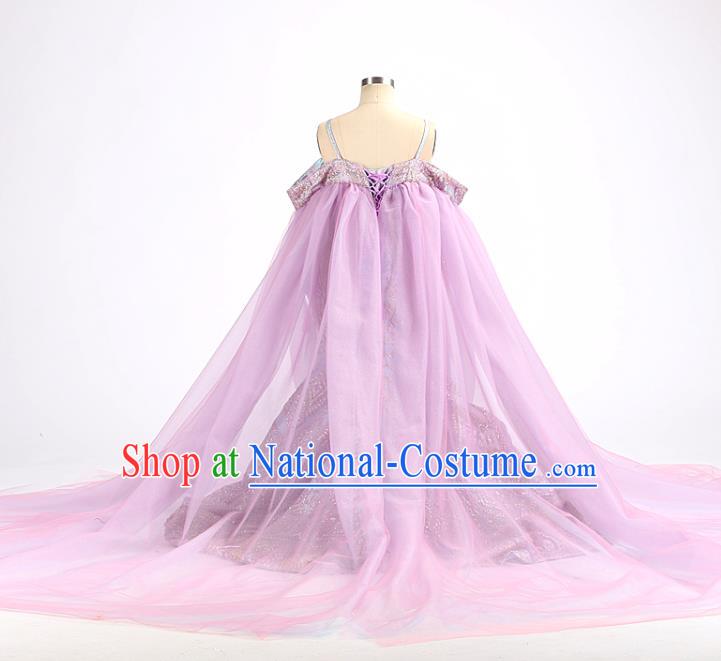 High Quality Children Purple Trailing Dress Piano Performance Clothing Stage Show Full Dress Girl Catwalks Fashion