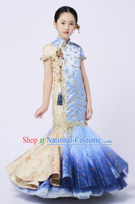 High Quality Girl Catwalks Fashion Children Blue Fishtail Dress Piano Performance Clothing Stage Show Full Dress