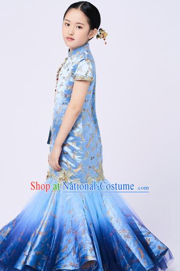 High Quality Girl Catwalks Fashion Children Blue Fishtail Dress Piano Performance Clothing Stage Show Full Dress