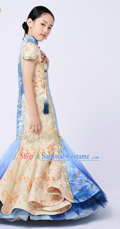 High Quality Girl Catwalks Fashion Children Blue Fishtail Dress Piano Performance Clothing Stage Show Full Dress