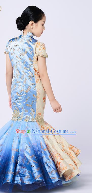 High Quality Girl Catwalks Fashion Children Blue Fishtail Dress Piano Performance Clothing Stage Show Full Dress