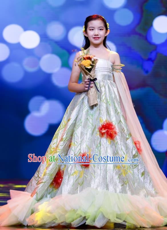 High Kid Birthday Trailing Full Dress Children Catwalks Light Green Dress Girl Stage Show Clothing Compere Garment Costume