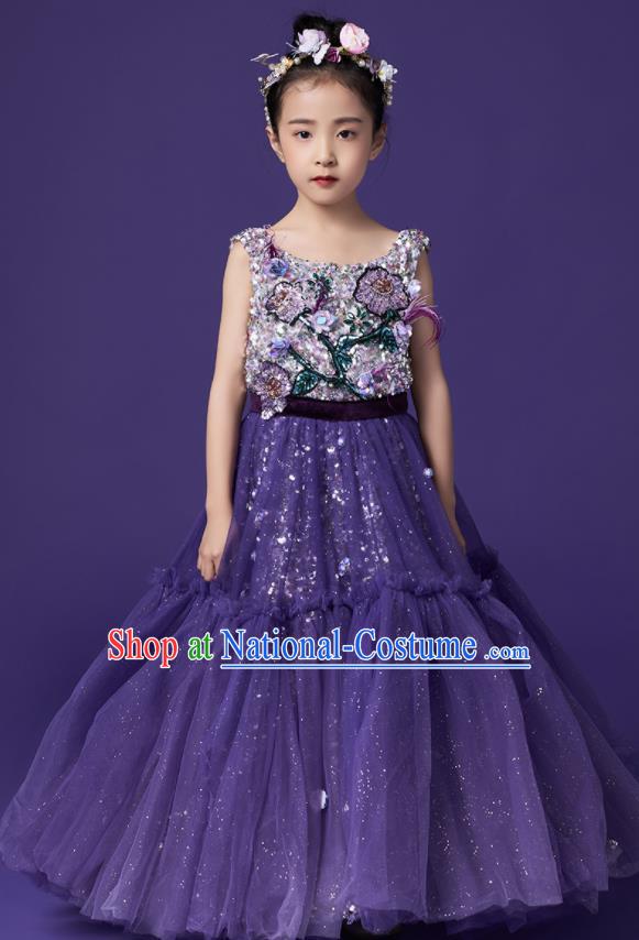 High Quality Girl Catwalks Purple Veil Full Dress Children Dancewear Chorus Compere Clothing Stage Show Fashion Dress