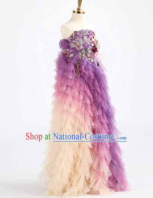 High Quality Chorus Compere Clothing Stage Show Fashion Dress Girl Catwalks Purple Full Dress Children Dancewear