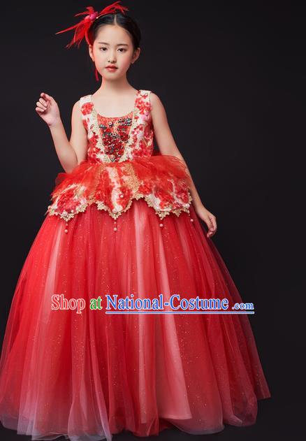 Custom Children Dancewear Chorus Compere Clothing Stage Show Fashion Dress Girl Catwalks Red Full Dress