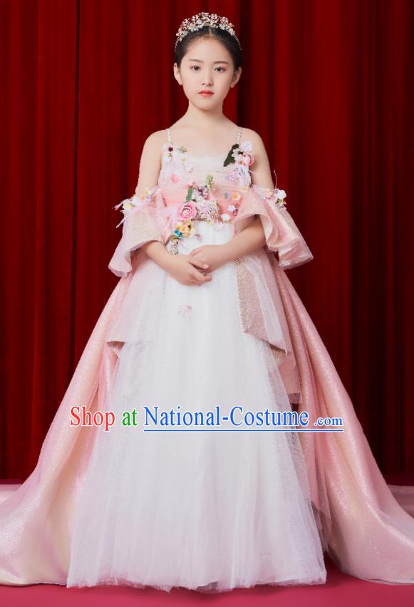 Custom Catwalks Pink Trailing Full Dress Children Dancewear Girl Chorus Compere Fashion Clothing Stage Show Dress