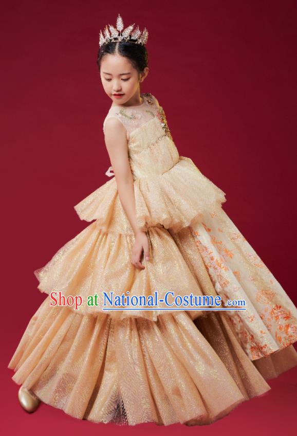 Custom Stage Show Princess Dress Catwalks Light Golden Full Dress Children Dancewear Girl Chorus Compere Fashion Clothing