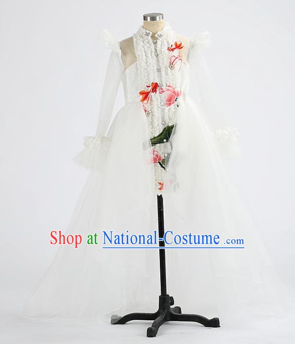 Custom Girl Compere Fashion Clothing Stage Show Trailing Dress Catwalks White Full Dress Children Dancewear