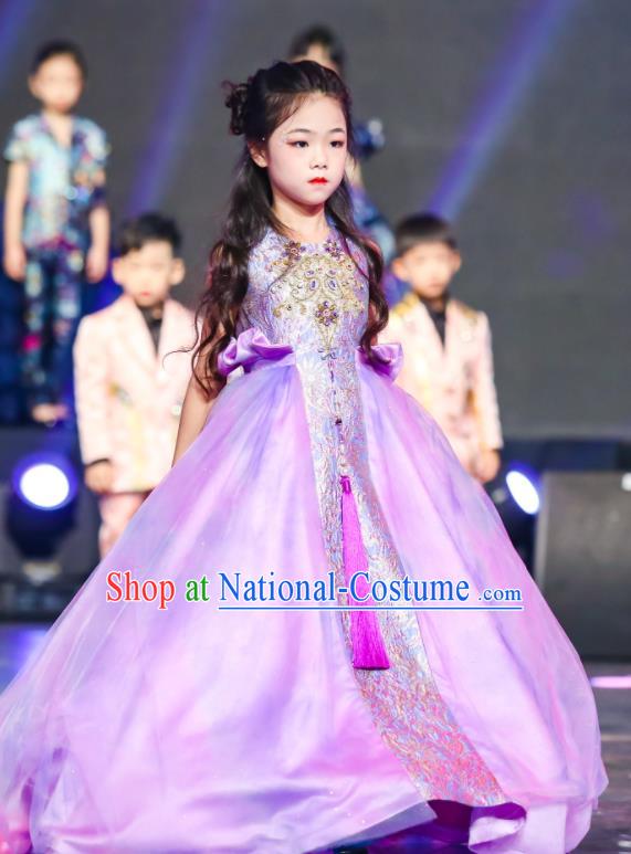 High Children Catwalks Violet Dress Girl Stage Show Clothing Baby Compere Garment Costume Kid Birthday Trailing Full Dress