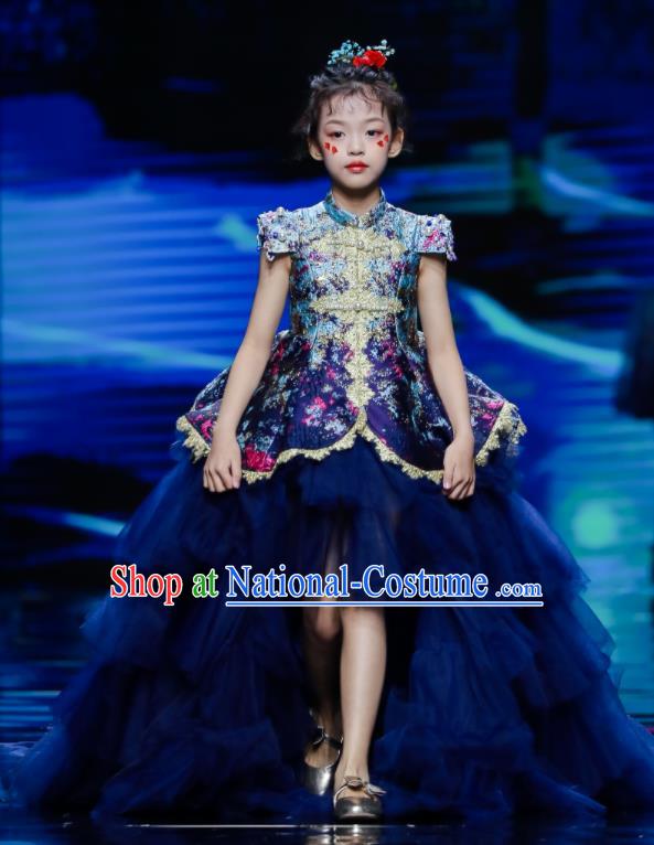 High Kid Birthday Trailing Full Dress Children Catwalks Navy Veil Dress Girl Stage Show Clothing Compere Garment Costume